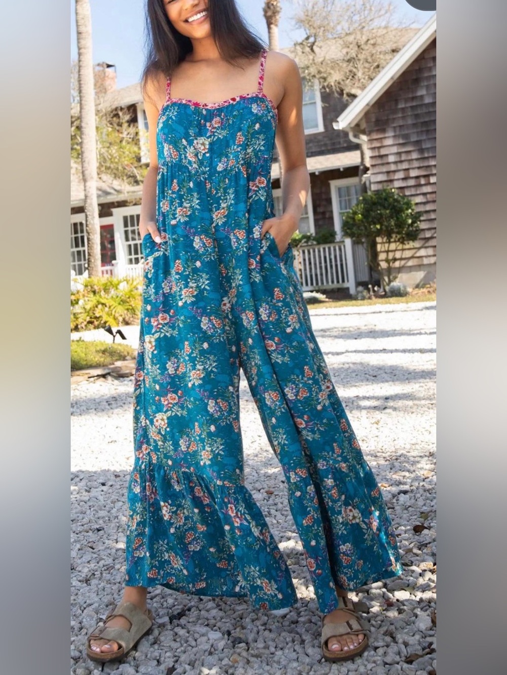 Natural Life Stephanie Jumpsuit Small Blue Turquoise Floral Boho Wide Leg Rayon